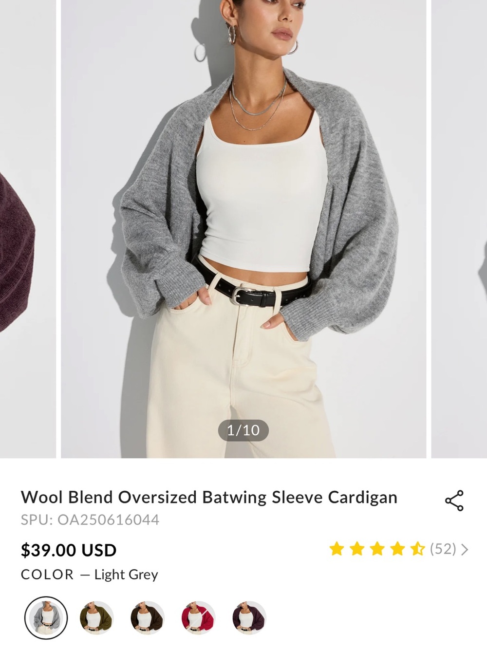 Commense Light Grey Wool-Blend Oversized Batwing Cardigan